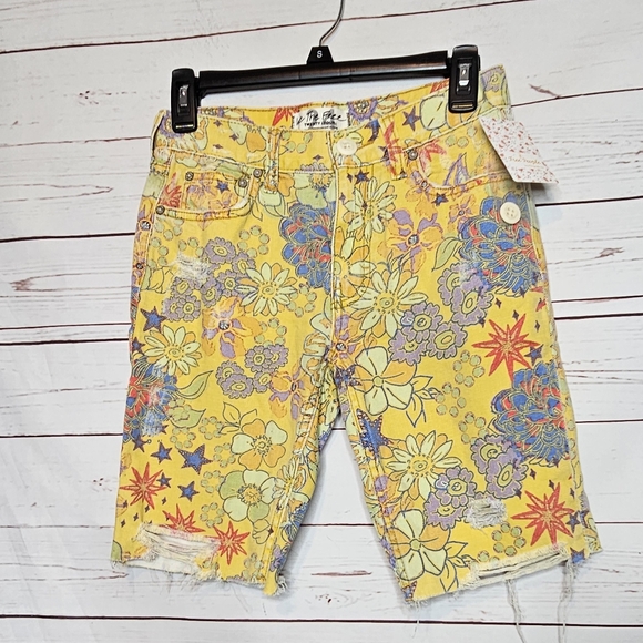 Free People Pants - Free People Alani Floral Yellow Denim Cut Off Shorts